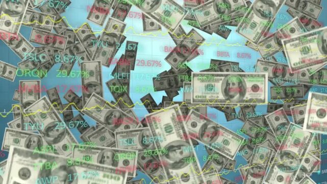 US dollar bills falling, scaling and rotating over blue ticker backdrop, triggered by market surge
