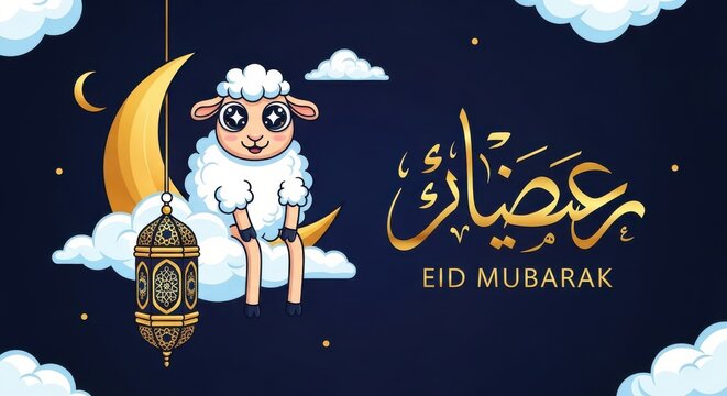 Eid Mubarak illustration featuring a cute lamb crescent moon and lantern with calligraphy