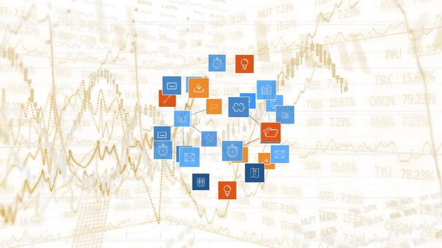 Colored tile cluster initial spin sending tiles outward, expanding into torus to show finance icons