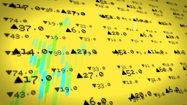 On data pulse numeric grid revealing, cyan green bars rising and shifting to show market trends