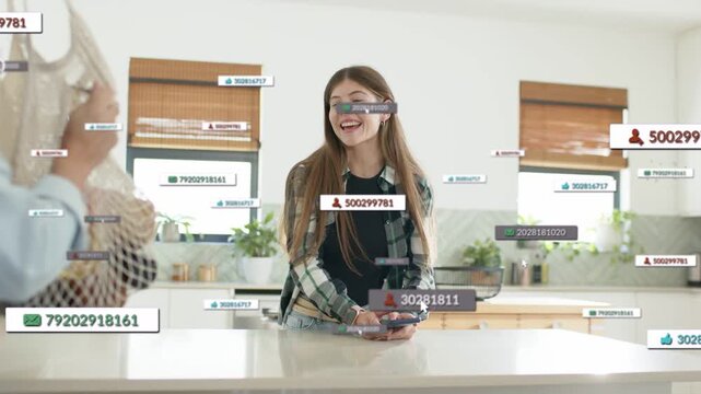 Woman with phone laughing at social notifications for groceries, UI badges passing between women