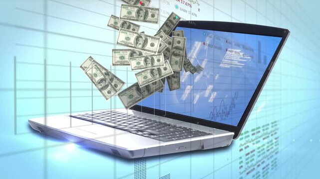 Silver laptop angled, icon appearing, causing bills emerging, swirling shower showing transactions