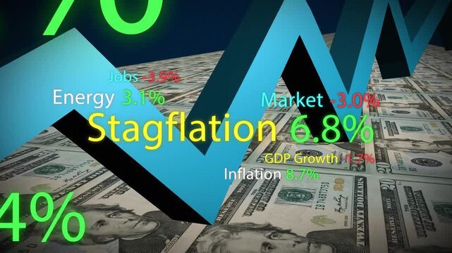 Camera pull starting 3D blue zigzag chart while neon labels and rates rising, showing stagflation