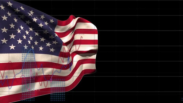 US flag waving on black grid while mid frames charts and percent emerging showing market trends