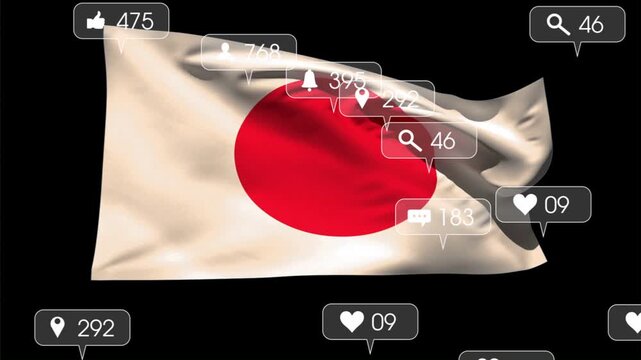 Wind starting, Japan flag waving, social badges appearing and clustering, showing likes rising fast