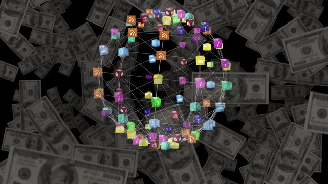 Glowing nodes linking, sparking icons forming rotating sphere over floating cash to show value flow