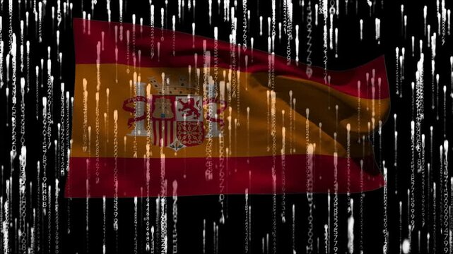 Falling-digit overlay starting while Spanish flag waving and rippling for emphasizing coat of arms
