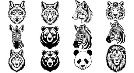 Detailed black and white animal heads illustrations of wolf tiger zebra bear panda and lion in various views © Pabitra