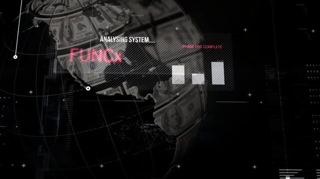 Globe rotating into view, HUD panels fading in and bars rising to show system analysis completing