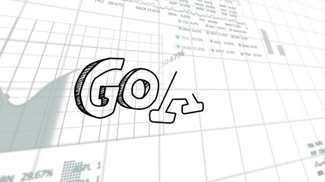 Sketching strokes starting upper-left sketching GOAL, panning charts sliding showing finance goal