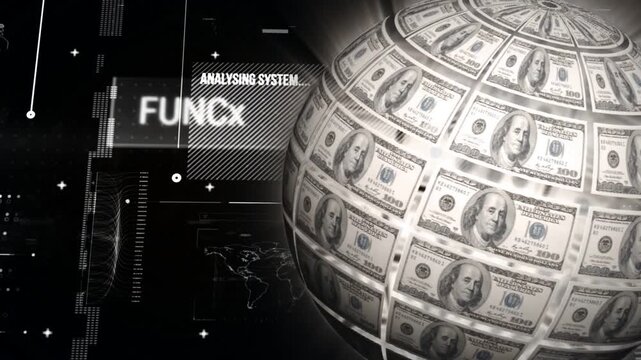 Money globe rotating left, rotation starting HUD analysis, panels animating, analysis completing