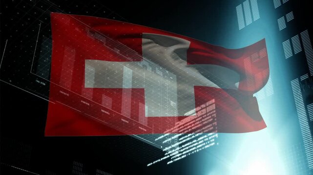 Spotlight rising behind Swiss flag starting waving, camera retreating, HUD rising, showing charts