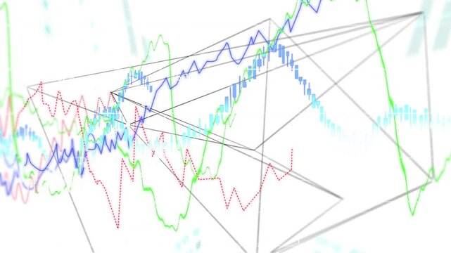 Thin gray wireframe form rotating and shifting as chart traces rising to show layered data trends