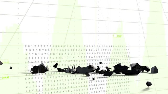 Black 3D$ descending, colliding, breaking, settling, green chart rising, reforming showing recovery