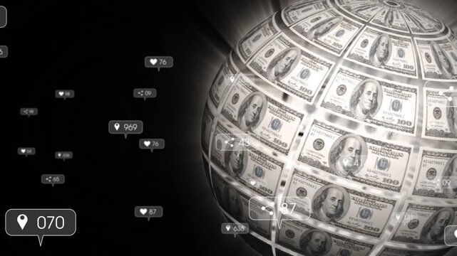 Notification callouts appearing left drifting toward money globe, counts rising to show engagement
