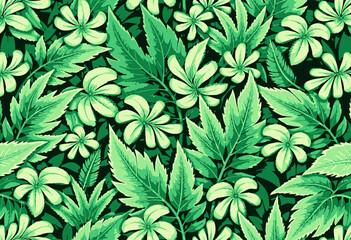 Fototapeta premium Vibrant Green Foliage Pattern with Tropical Leaves and Florals