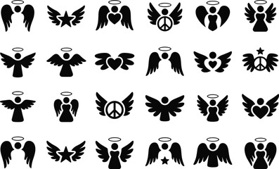 Fototapeta premium Angel wing icons set with halo symbols peace love hearts creative designs vector
