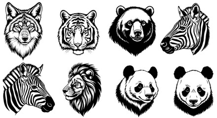 Detailed black and white animal head illustrations of wolf tiger bear zebra lion and panda in various expressions on white background © Pabitra