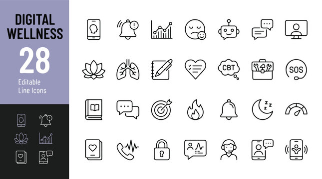 Digital Wellness icon set containing mental health therapy meditation and digital health app editable line icons vector illustration for mindfulness psychology and self care mobile UI design