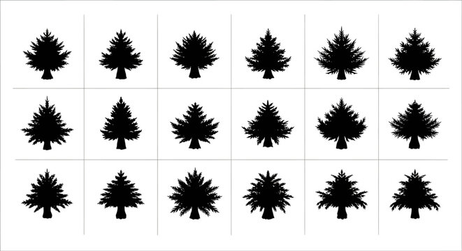 Collection of 15 black pine tree silhouettes on white background for design and decoration