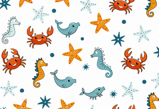 Playful Marine Cartoon Pattern with Colorful Sea Creatures on White Background
