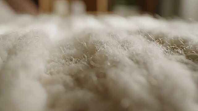 Closeup of fluffy white and brown material being processed.