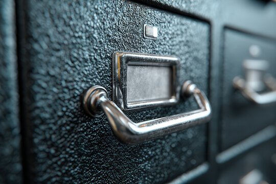 Vintage filing cabinet drawer handle close up detail