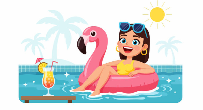 Happy woman relaxing on a flamingo float in a swimming pool.