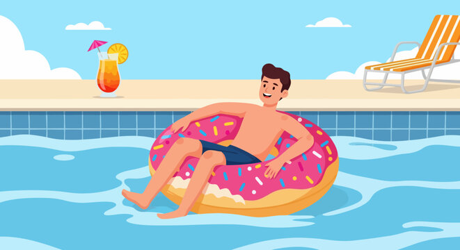 Man enjoying a relaxing swim on a donut-shaped inflatable ring.