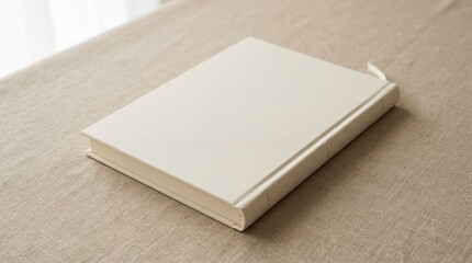 Fototapeta premium Closed off white notebook with textured cover lying on beige fabric surface showcasing classic design and elegant stationery for writing notes.