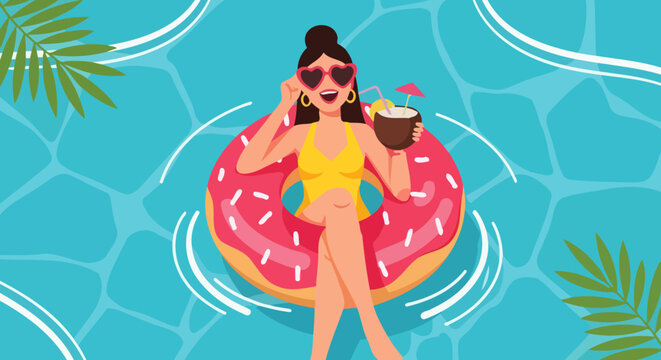 Woman enjoying a refreshing drink while relaxing on a donut float in a swimming pool.