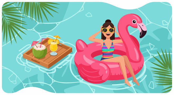 Woman enjoying a refreshing drink while relaxing on a pink flamingo float in a swimming pool.