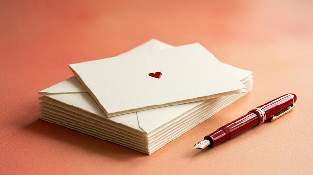 Stack of blank white greeting cards with tiny red heart stickers on top positioned beside elegant dark red fountain pen resting on plain light orange surface.