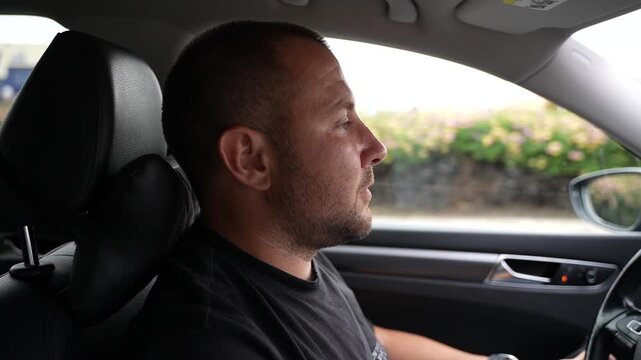 Drowsy Driver Falling Asleep Behind the Wheel Inside Car