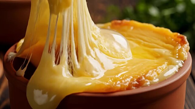 Delicious Melted Cheese Being Pulled From a Clay Pot.