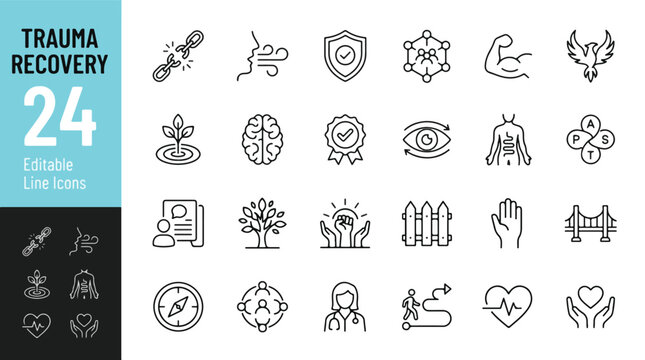 Trauma recovery icon set containing mental health, healing, therapy, and psychology editable line icons vector illustration. Resilience, professional support, and clinical growth icons pack.