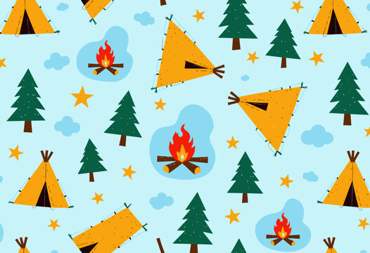 Seamless Pattern of Yellow Teepees and Campfires with Evergreen Trees