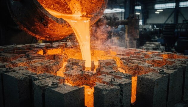 Molten metal flows into sand molds creating intricate industrial flowmeter bodies with textured surfaces and detailed cavity shapes in a classic manufacturing setting.