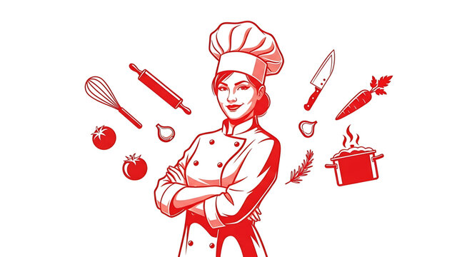 Professional female chef with crossed arms surrounded by kitchen tools and fresh ingredients