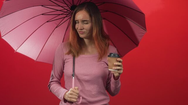 Woman holding pink umbrella and takeaway coffee, hand gripping handle while squinting with displeased face in studio; annoyance.
