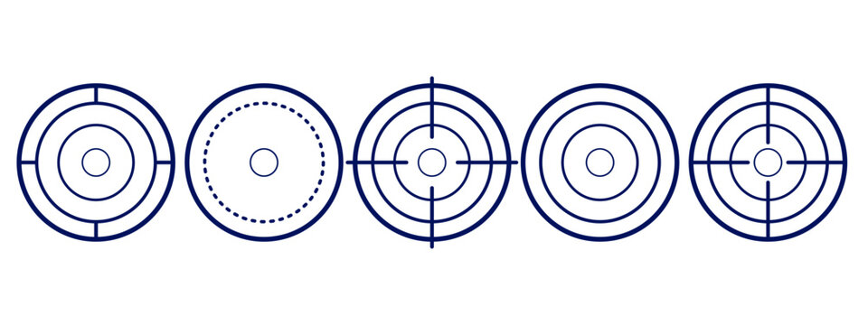 Collection of various target practice aiming circles and bullseyes in navy blue on white background isolated on white background