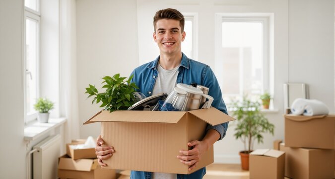 young man holding a cardboard box with household belongings, moving into a bright new apartment, concept of home, independence and a new beginning
