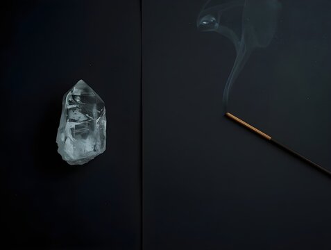 Flat Lay Mystical Crystal Quartz and Incense on Matte Black Surface
