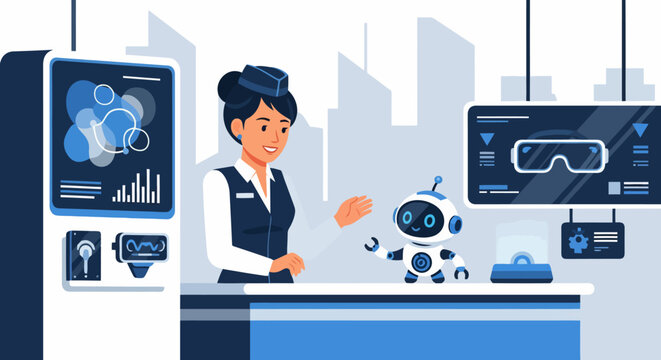 Woman and Robot in Futuristic Office Setting.
