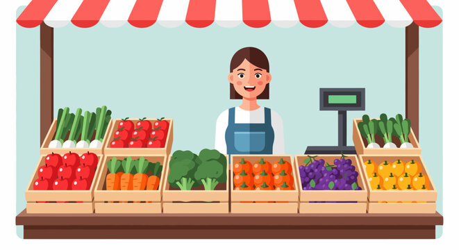 Woman selling fresh produce at a market stall.