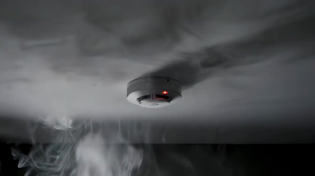 Smoke detector on ceiling without smoke then with gradually increasing smoke to trigger an alarm