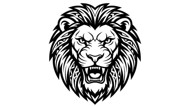 Powerful black and white stylized illustration of a roaring lion's head with intricate tribal patterns in its mane.