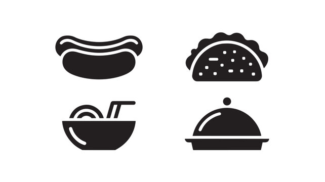 Black and White Food Icons - Hot Dog, Taco, Bowl with Spoon, Covered Dish on White Background