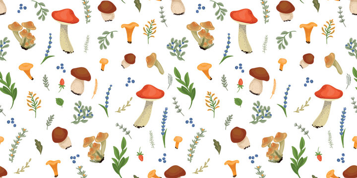 Forest mushrooms, berries, herbs. Forest gathering. Seamless pattern. Vector design