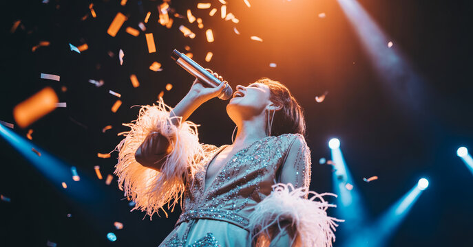 Woman singer performing on stage under spotlights with golden confetti falling while holding microphone wearing elegant sequin dress with feathers during live music concert.